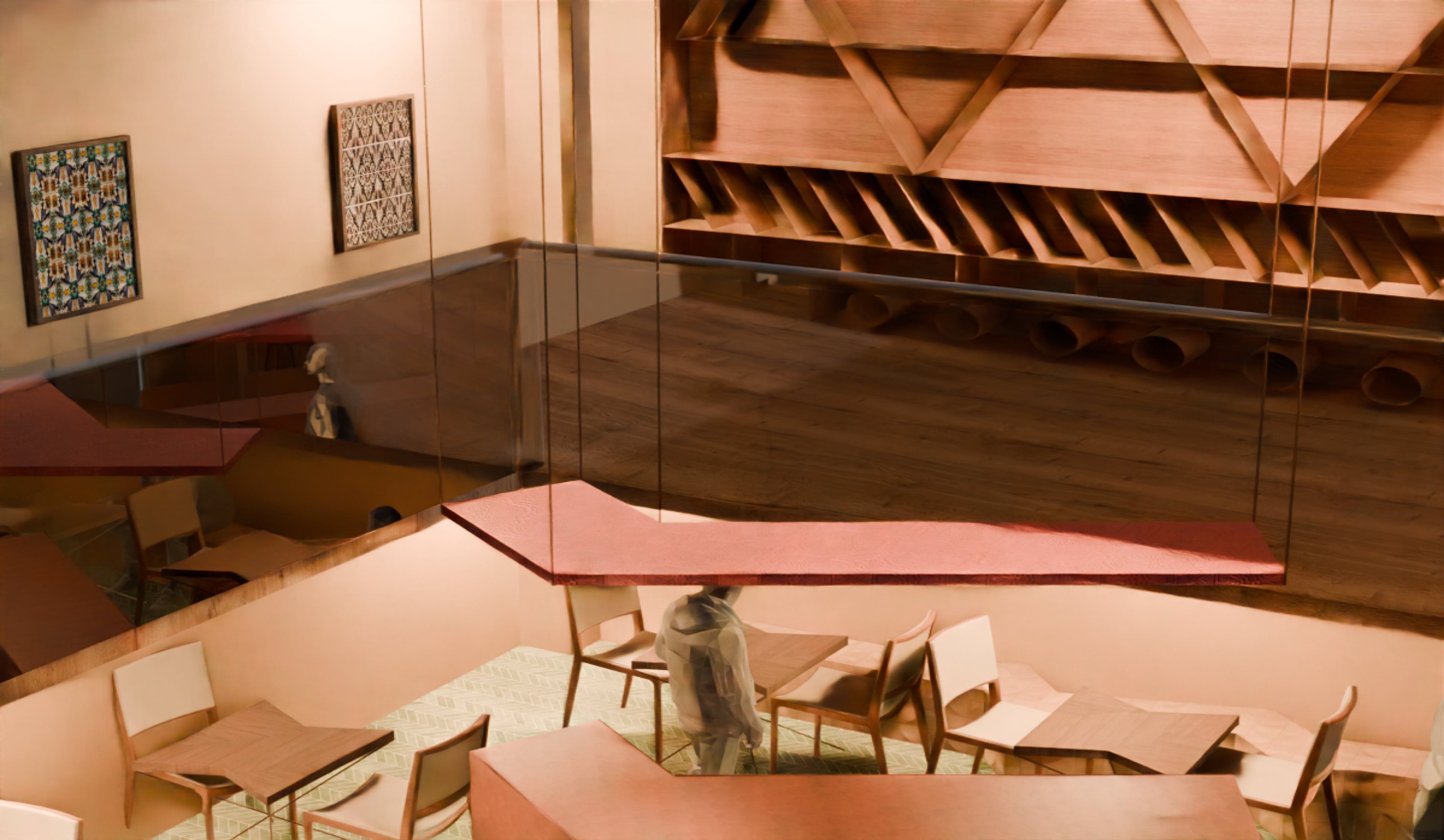 Wood-clad seating nook, wide shot