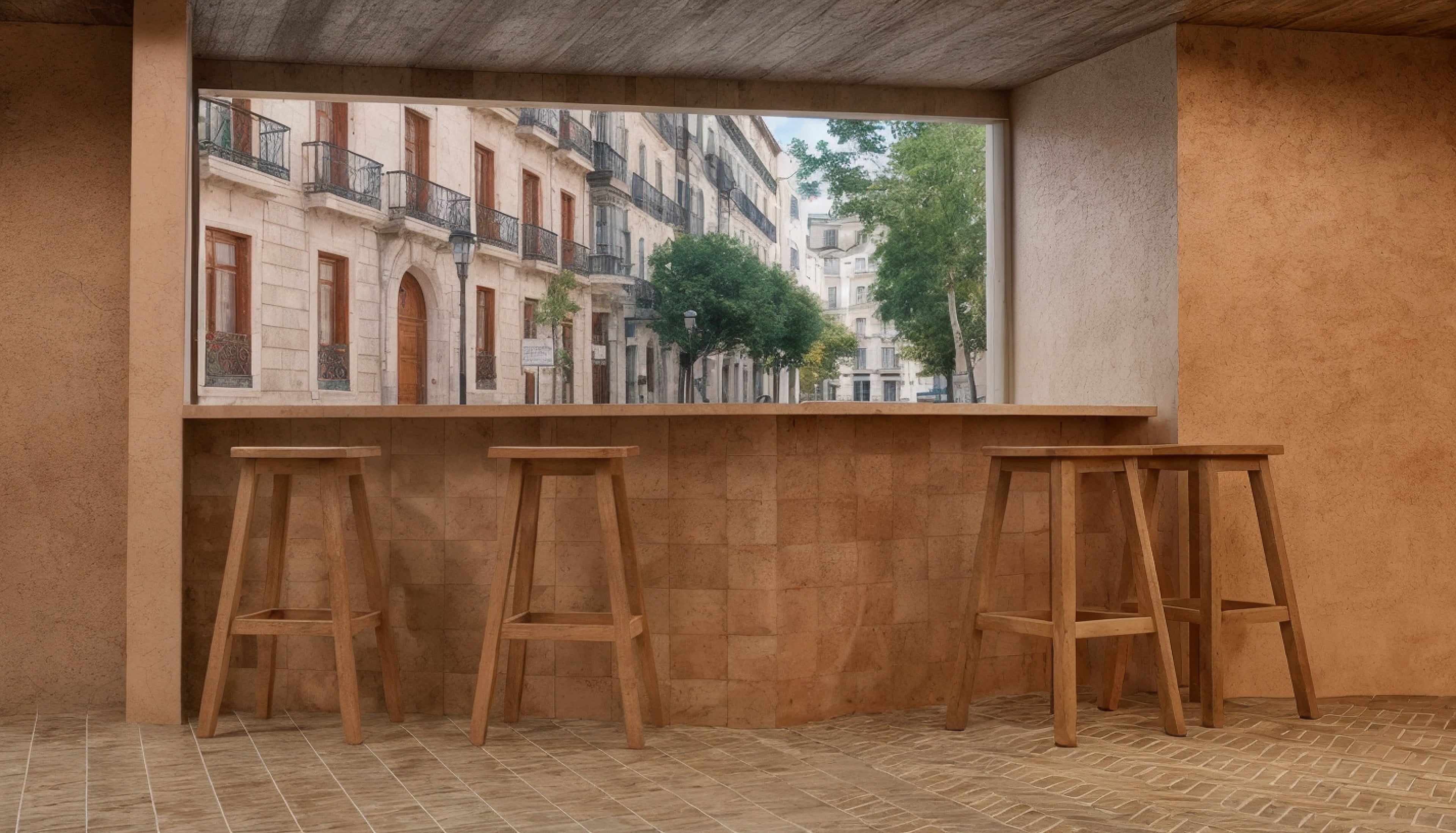 Street-facing bar with stools