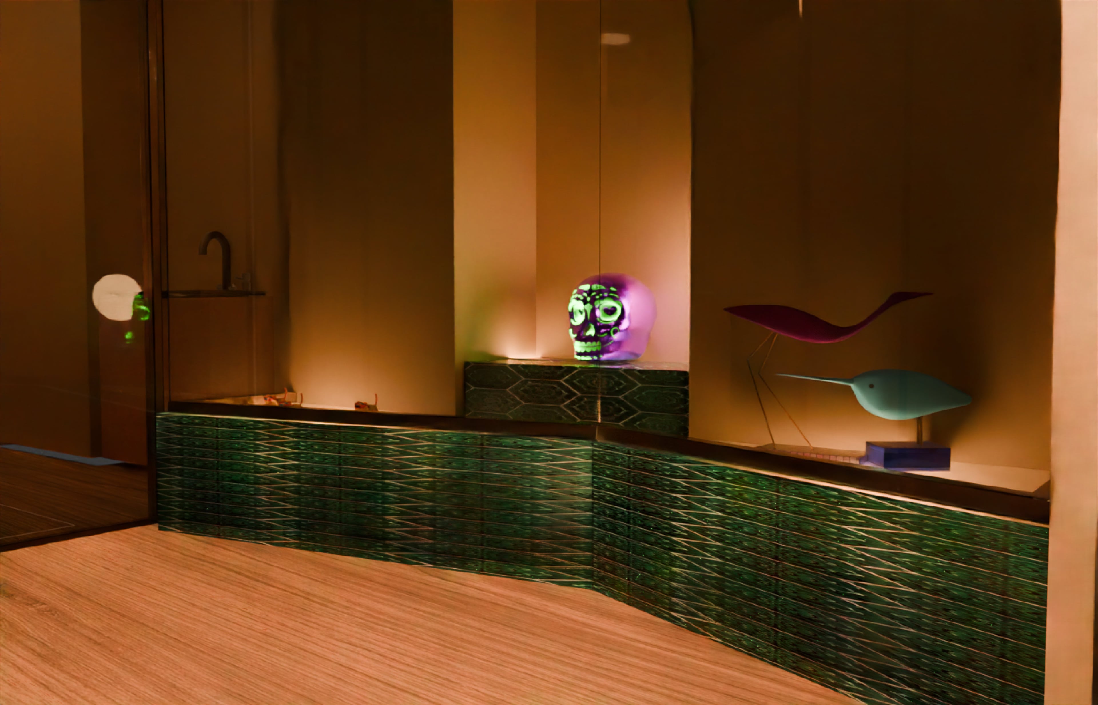 Dark accent nook with sculptural lighting