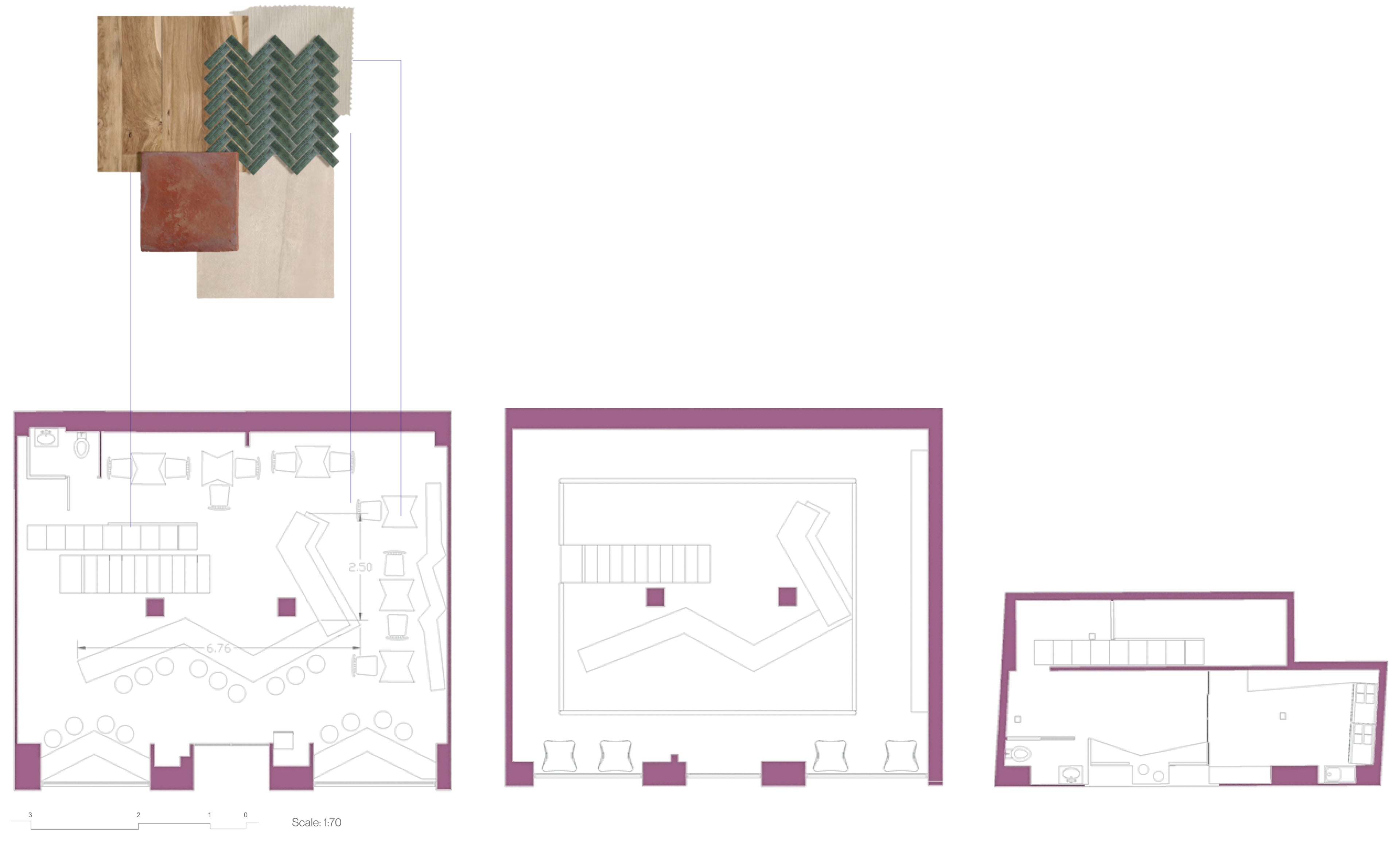 Banhez floor plans at scale 1:70 with the material palette: oak, green herringbone tile, terracotta and linen