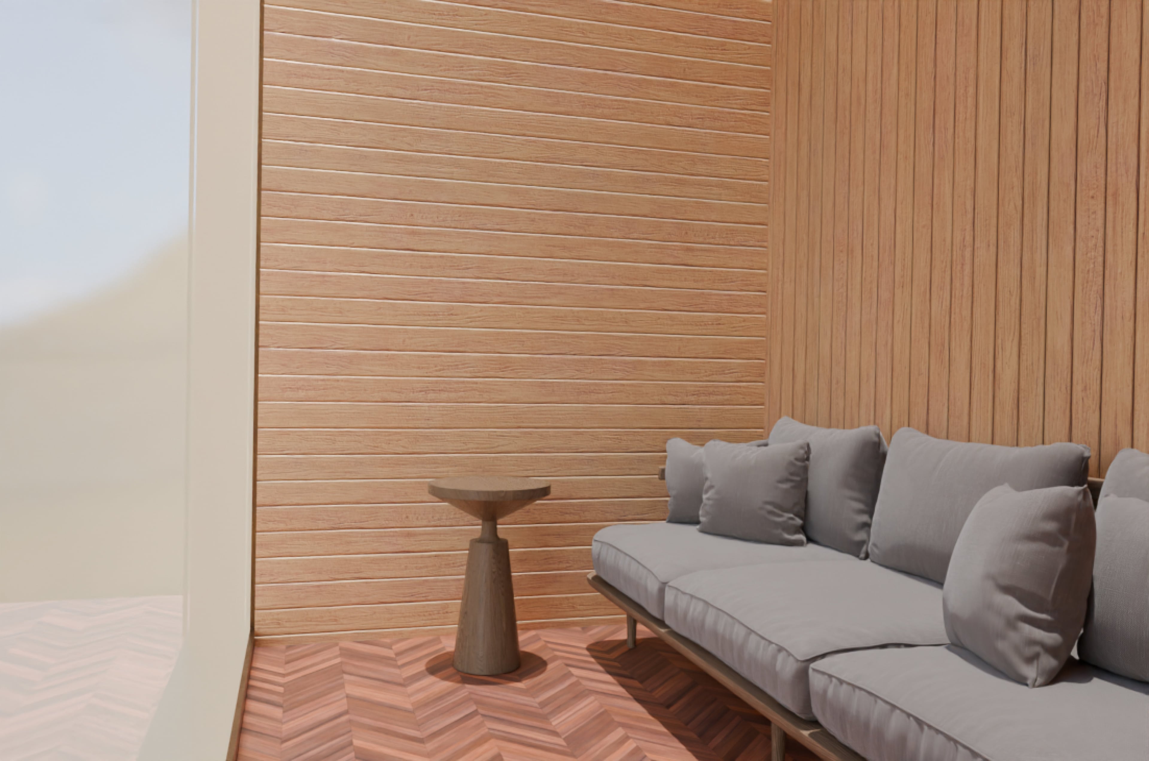 Lounge nook with wood-slat wall