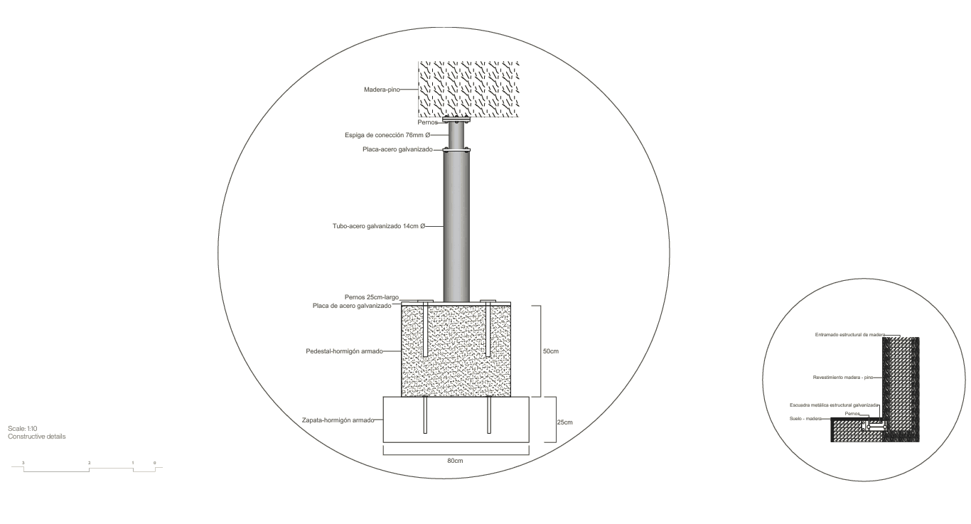 Feelviana constructive details at scale 1:10: column-to-footing detail and floor edge detail