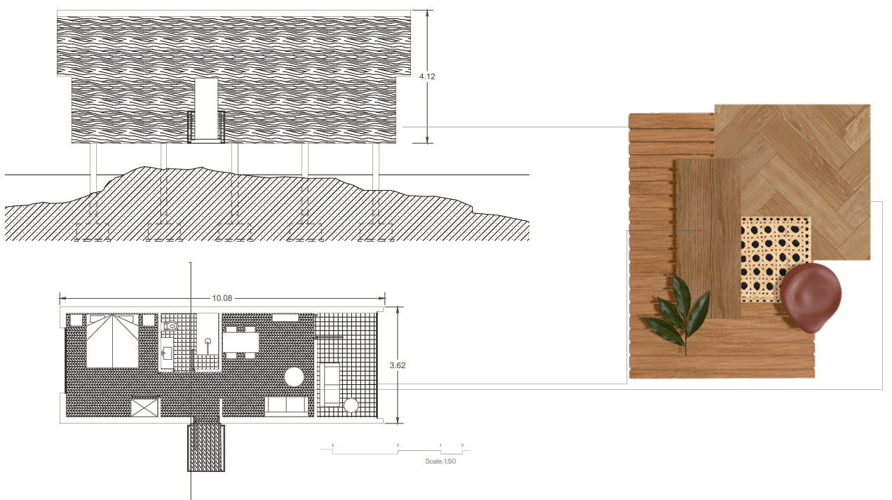 Feelviana elevation on stilts and floor plan at scale 1:50, with wood slats, herringbone parquet, cane weave and stone samples