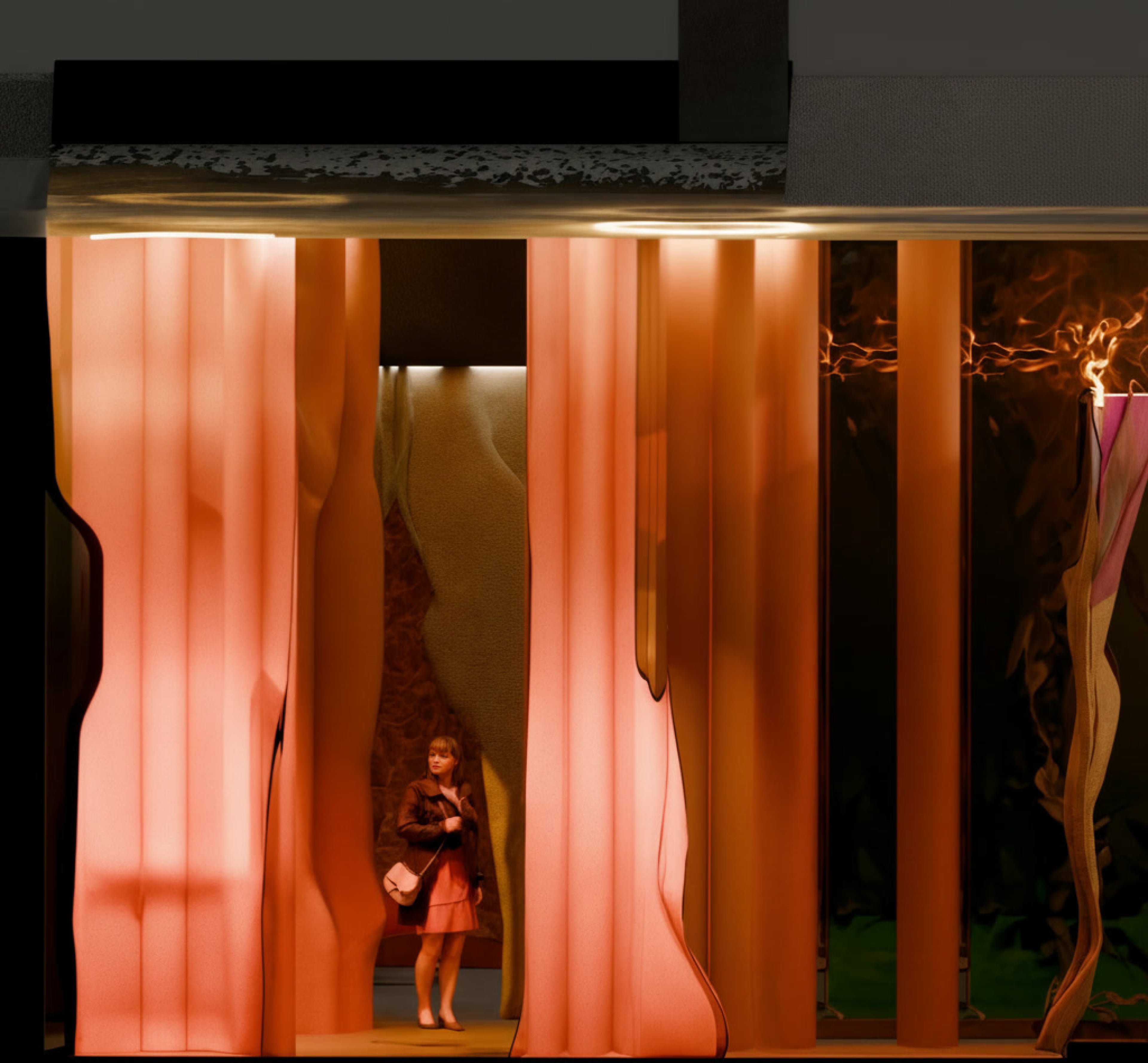 Zona 2, orange fabric drape corridor