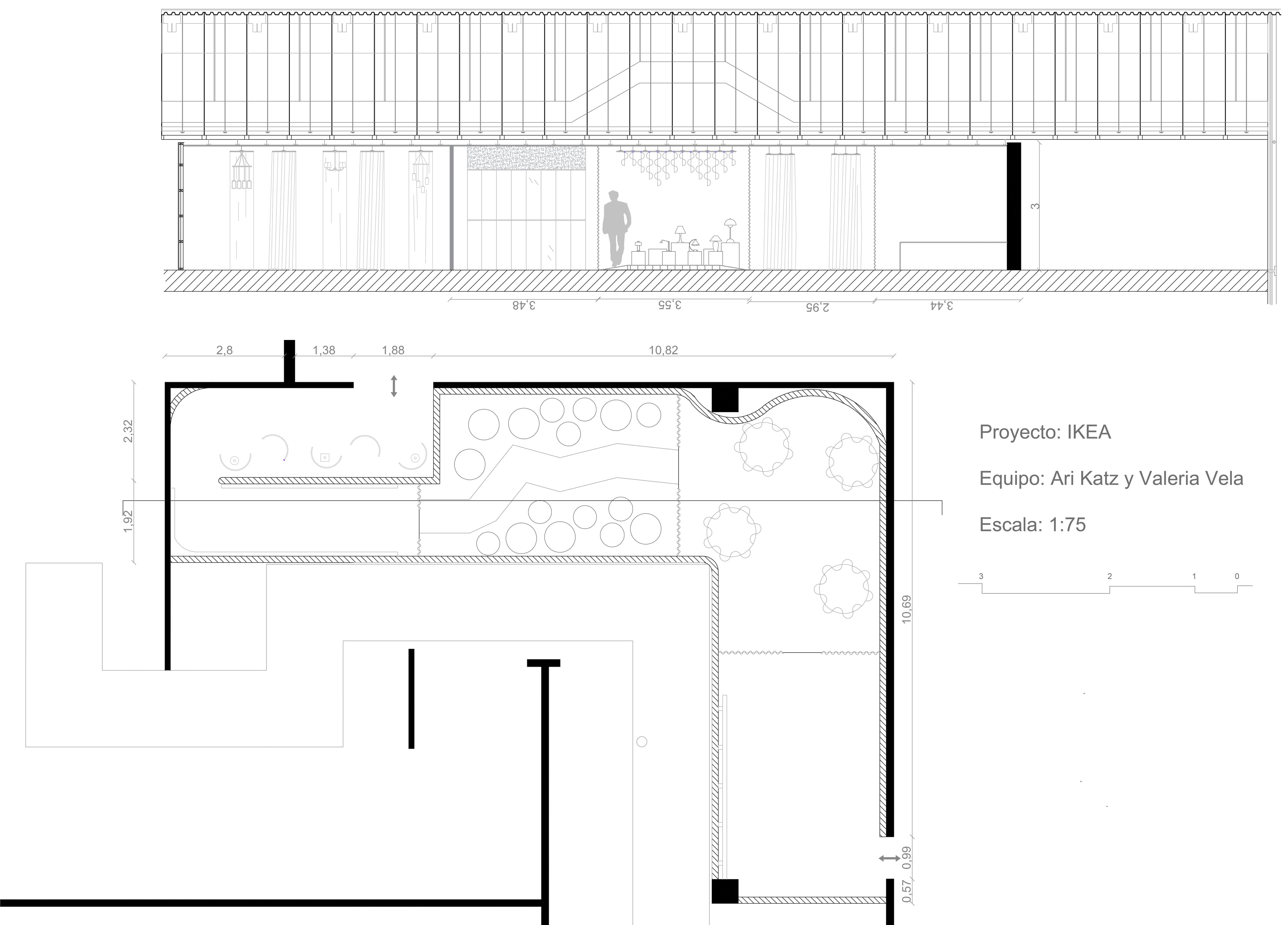Section elevation of the corridor with hanging elements and floor plan at scale 1:75. Proyecto: IKEA. Equipo: Ari Katz y Valeria Vela