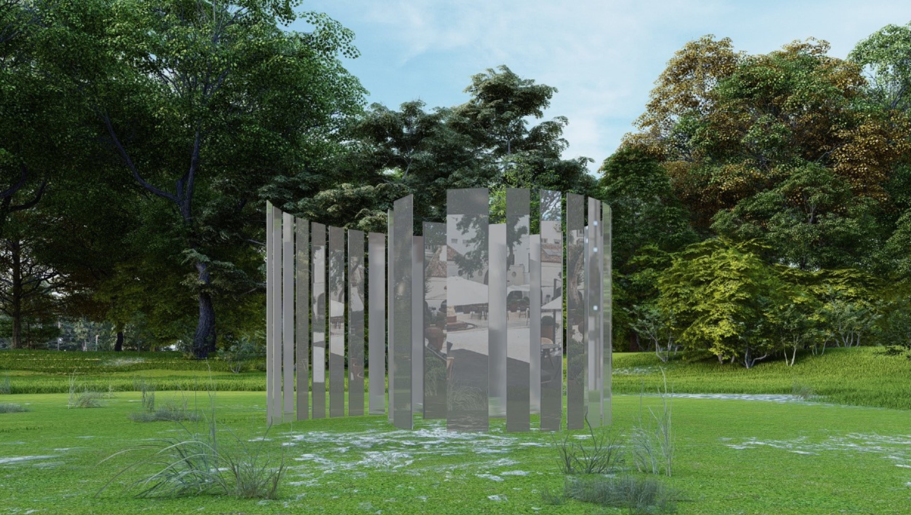 Full render of the installation in a daylight park setting