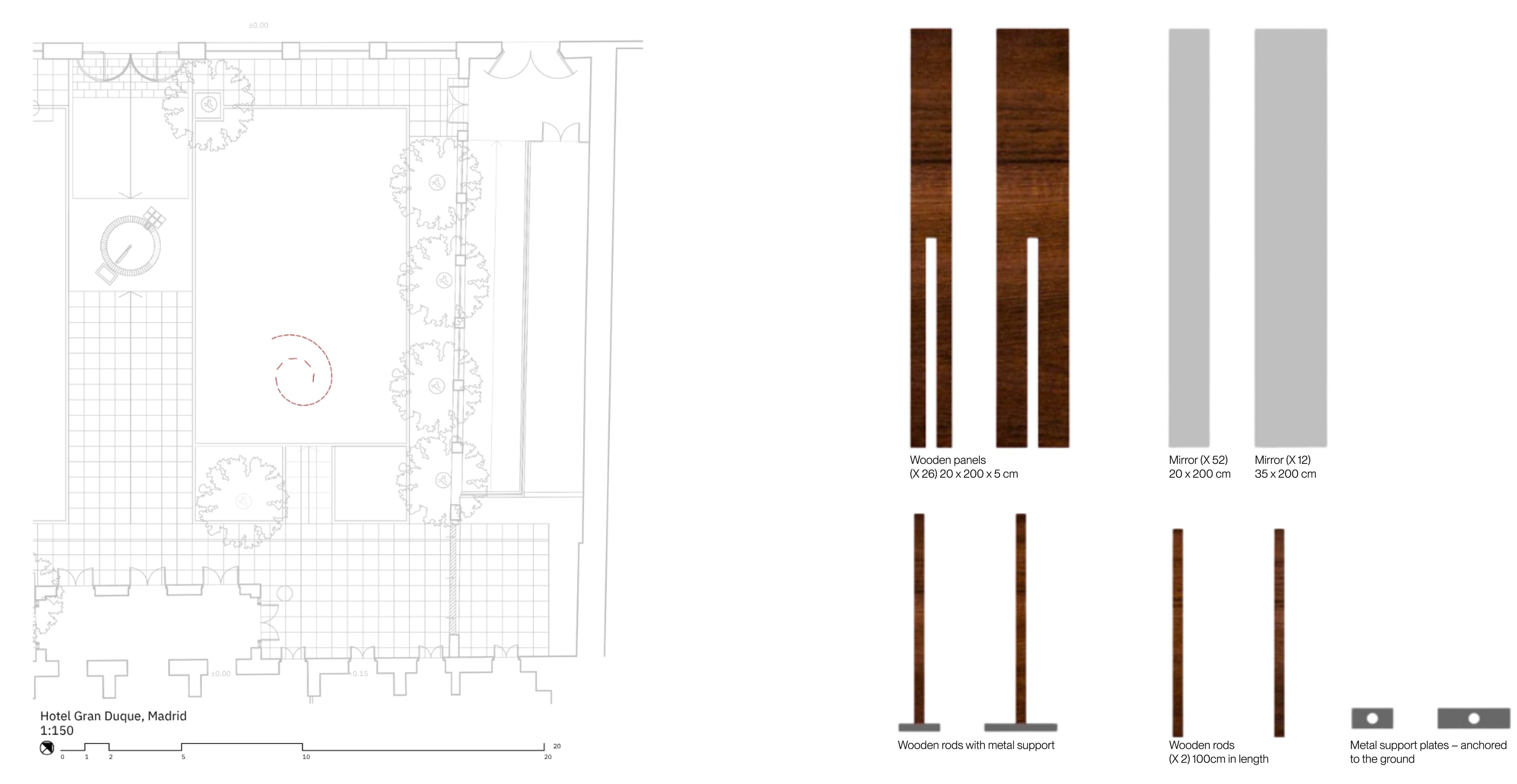 Site plan of Hotel Gran Duque, Madrid at 1:150, with the list of components: wooden panels (x26) 20x200x5 cm, mirrors (x52) 20x200 cm, mirrors (x12) 35x200 cm, wooden rods with metal support, wooden rods (x2) 100 cm, metal support plates anchored to the ground